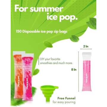 ANSMIO 150 Disposable Popsicle Mold Bags with Zip Seals, 8x2" Freezer Tubes for DIY Ice Pops, Yogurt, Juice & Fruit Smoothies - Includes Funnel, BPA-Free, Ice Pop Molds