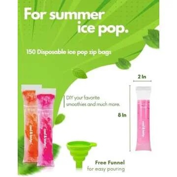 ANSMIO 150 Disposable Popsicle Mold Bags with Zip Seals, 8x2" Freezer Tubes for DIY Ice Pops, Yogurt, Juice & Fruit Smoothies - Includes Funnel, BPA-Free, Ice Pop Molds
