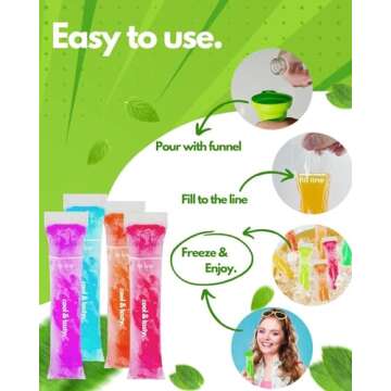 ANSMIO 150 Disposable Popsicle Mold Bags with Zip Seals, 8x2" Freezer Tubes for DIY Ice Pops, Yogurt, Juice & Fruit Smoothies - Includes Funnel, BPA-Free, Ice Pop Molds