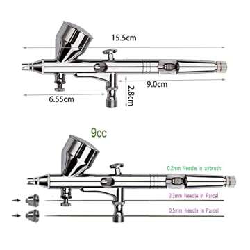 Pinkiou Airbrush Kit with Different Nozzle and Needles Muti-Purpose Dual Action Airbrush Sets with Air Brush 0.2 0.3 &0.5mm Needles and Air Hose for Hobby Model Painting Tattoo Cake Nail Art