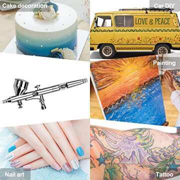 Pinkiou Airbrush Kit with Different Nozzle and Needles Muti-Purpose Dual Action Airbrush Sets with Air Brush 0.2 0.3 &0.5mm Needles and Air Hose for Hobby Model Painting Tattoo Cake Nail Art