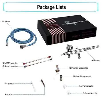 Pinkiou Airbrush Kit with Different Nozzle and Needles Muti-Purpose Dual Action Airbrush Sets with Air Brush 0.2 0.3 &0.5mm Needles and Air Hose for Hobby Model Painting Tattoo Cake Nail Art