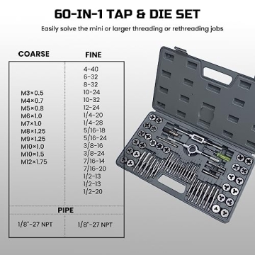 Anfrere 60pcs SAE & Metric Tap and Die Set, Metric Standard Rethreading Tool Kit, Coarse and Fine Threads for Cutting External and Internal Threads, Essential Repair Tool Kit with Storage Case