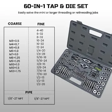 Anfrere 60pcs SAE & Metric Tap and Die Set, Metric Standard Rethreading Tool Kit, Coarse and Fine Threads for Cutting External and Internal Threads, Essential Repair Tool Kit with Storage Case