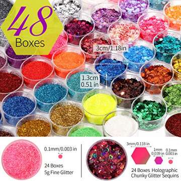 FANDAMEI 48 Color Glitter, 24 Color 5g Fine Glitter&24 Boxes Holographic Chunky Glitter Sequins, Iri...