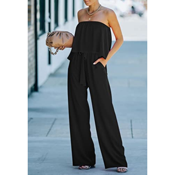 Fixmatti Women's Strapless Wide Leg Jumpsuit with Ruffles