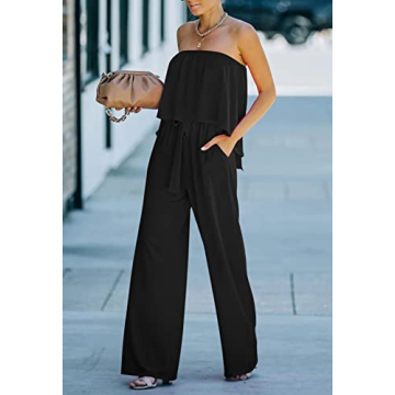 Fixmatti Women's Strapless Wide Leg Jumpsuit with Ruffles