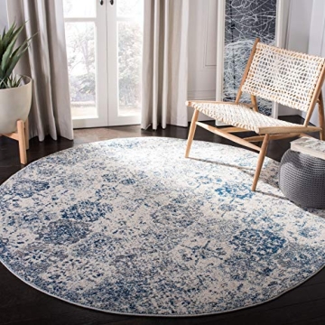 SAFAVIEH Madison Collection Area Rug - 6'7" Round, White & Royal Blue, Boho Chic Distressed Design, ...