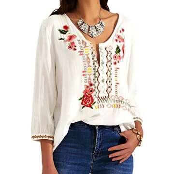 Higustar Mexican Shirts for Women Embroidered Tops Bohemian Peasant Blouse Plus Size Tunic Fiesta Cotton Clothes White