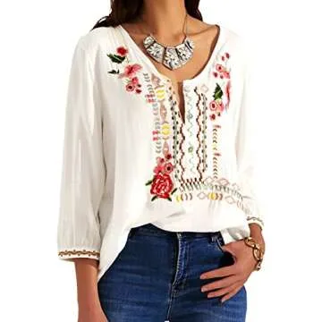 Higustar Mexican Shirts for Women Embroidered Tops Bohemian Peasant Blouse Plus Size Tunic Fiesta Cotton Clothes White