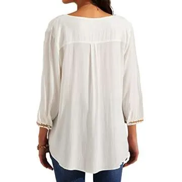 Higustar Mexican Shirts for Women Embroidered Tops Bohemian Peasant Blouse Plus Size Tunic Fiesta Cotton Clothes White