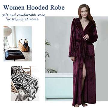 Hellomamma Long Hooded Robe for Women Luxurious Flannel Fleece Full Length Bathrobe Winter Warm Pajamas Shower Nightgown Wine Red X-Large