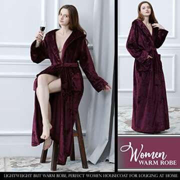 Hellomamma Long Hooded Robe for Women Luxurious Flannel Fleece Full Length Bathrobe Winter Warm Pajamas Shower Nightgown Wine Red X-Large