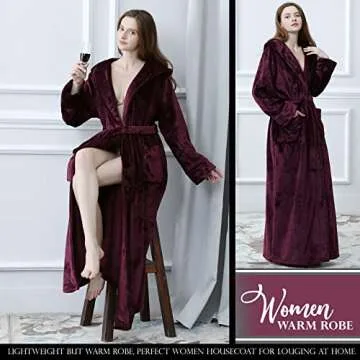 Hellomamma Long Hooded Robe for Women Luxurious Flannel Fleece Full Length Bathrobe Winter Warm Pajamas Shower Nightgown Wine Red X-Large