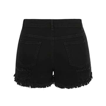 THUNDER STAR Women Mid Rise Ripped Stretchy Jeans Shorts Frayed Raw Hem Casual Denim Shorts Black1# L