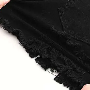 THUNDER STAR Women Mid Rise Ripped Stretchy Jeans Shorts Frayed Raw Hem Casual Denim Shorts Black1# L