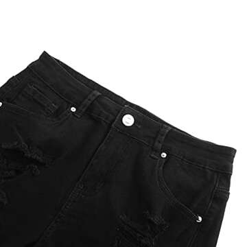 THUNDER STAR Women Mid Rise Ripped Stretchy Jeans Shorts Frayed Raw Hem Casual Denim Shorts Black1# L