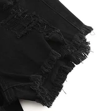THUNDER STAR Women Mid Rise Ripped Stretchy Jeans Shorts Frayed Raw Hem Casual Denim Shorts Black1# L
