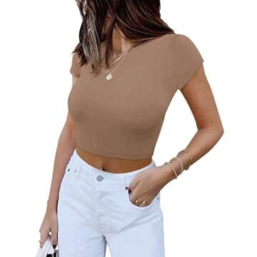 REORIA Women's Summer Cute Short Sleeve High Neck Double Lined Tight Casual Basic T Shirts Yoga Crop...