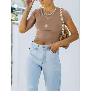 REORIA Women's Summer Cute Short Sleeve High Neck Double Lined Tight Casual Basic T Shirts Yoga Crop Tops Tees Khaki Small