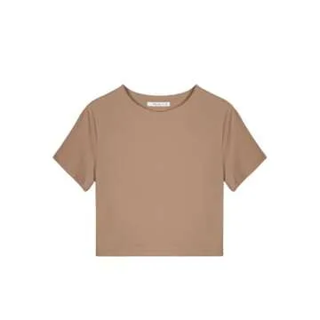 REORIA Women's Summer Cute Short Sleeve High Neck Double Lined Tight Casual Basic T Shirts Yoga Crop Tops Tees Khaki Small