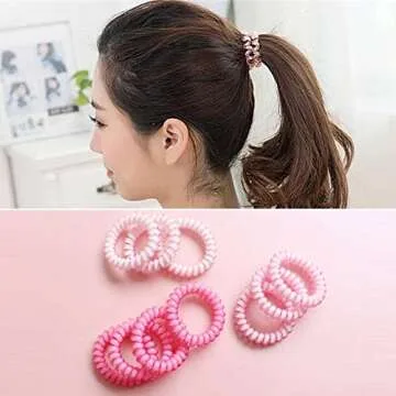 COLOR ZEBRA 1Pack (10pcs) Mixed Rubber Spiral Hair Ties Elastic Coil Hair Ties Phone Cord Hair Bands No Crease Hair Coils (Pink)