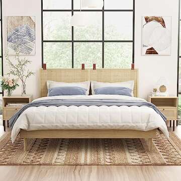 Natural Rattan Nightstand, End Table, Bedside Table, Modern Side Table with 1 Hand Made Decorated Door for Living Room, Bedroom