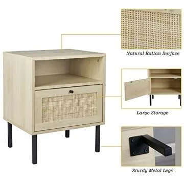 Natural Rattan Nightstand, End Table, Bedside Table, Modern Side Table with 1 Hand Made Decorated Door for Living Room, Bedroom