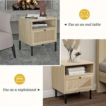 Natural Rattan Nightstand, End Table, Bedside Table, Modern Side Table with 1 Hand Made Decorated Door for Living Room, Bedroom