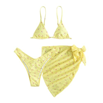 COZYEASE Women's 3 Piece Swimsuit Floral Triangle High Waisted Bikini Cute Bathing Suit with Sarong ...