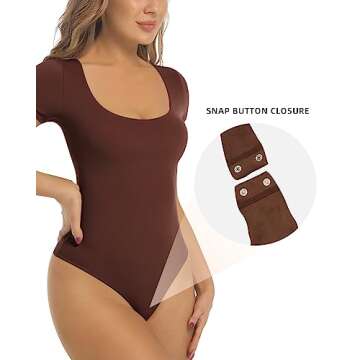 SHAPERX Women's Fit Everybody Bodysuit Soft Scoop Neck T-shirt Body Suits with Thong Design,SZ5290-Cocoa-M