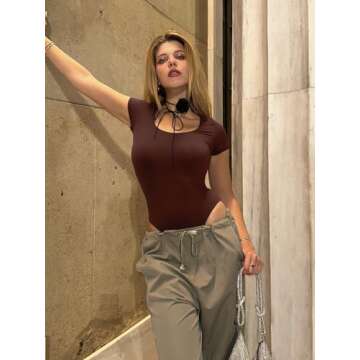SHAPERX Women's Fit Everybody Bodysuit Soft Scoop Neck T-shirt Body Suits with Thong Design,SZ5290-Cocoa-M