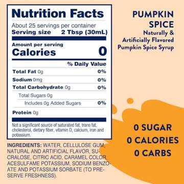 Jordan's Skinny Syrups Sugar Free Coffee Syrup, Pumpkin Spice Flavor Drink Mix, Zero Calorie Flavoring for Chai Latte, Protein Shake, Food & More, Gluten Free, Keto Friendly, 25.4 Fl Oz, 1 Pack