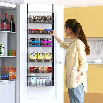 VyGrow Over the Door Pantry Organizer, 6-Tier Over the Door Organizer with Adjustable Basket, Pantry Door Organization for Pantry Kitchen Storage Room Spice Rack, Black