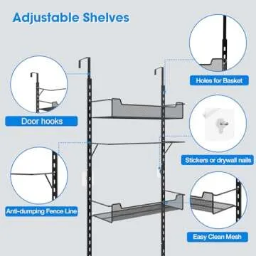 VyGrow Over the Door Pantry Organizer, 6-Tier Over the Door Organizer with Adjustable Basket, Pantry Door Organization for Pantry Kitchen Storage Room Spice Rack, Black