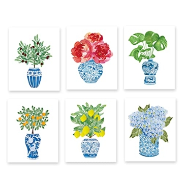 Chinoiserie Plant Wall Art Print, Chinese Blue White Porcelain Vase Canvas Wall Art (8"x10"x6 pcs, U...