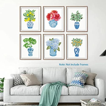 Chinoiserie Plant Wall Art Print, Chinese Blue White Porcelain Vase Canvas Wall Art (8"x10"x6 pcs, Unframed), Watercolor Flowers Botanical Plant Art Print for Bedroom Farmhouse Garden Decoration