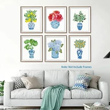Chinoiserie Plant Wall Art Print, Chinese Blue White Porcelain Vase Canvas Wall Art (8"x10"x6 pcs, Unframed), Watercolor Flowers Botanical Plant Art Print for Bedroom Farmhouse Garden Decoration