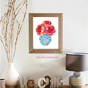 Chinoiserie Plant Wall Art Print, Chinese Blue White Porcelain Vase Canvas Wall Art (8"x10"x6 pcs, Unframed), Watercolor Flowers Botanical Plant Art Print for Bedroom Farmhouse Garden Decoration