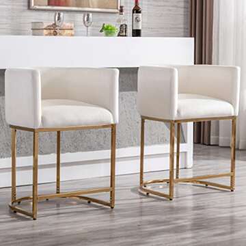 RIVOVA Contemporary Cream Velvet Bar Stool, 24" Upholstered Fabric Counter Height Barstool Kitchen Counter Island Stool with Screwed Together Golden Metal Base