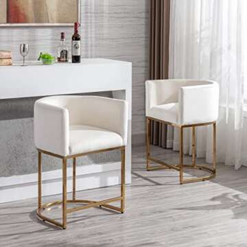 RIVOVA Contemporary Cream Velvet Bar Stool, 24" Upholstered Fabric Counter Height Barstool Kitchen Counter Island Stool with Screwed Together Golden Metal Base