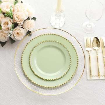 Efavormart 10 Pack Sage Green Plastic Dinner Plates with Gold Beaded Rim, Round Disposable Party Pla...