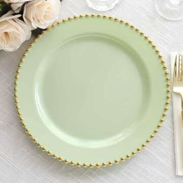 Efavormart 10 Pack Sage Green Plastic Dinner Plates with Gold Beaded Rim, Round Disposable Party Plates - 10"