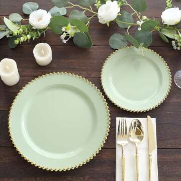 Efavormart 10 Pack Sage Green Plastic Dinner Plates with Gold Beaded Rim, Round Disposable Party Plates - 10"