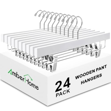 Amber Home 24 Pack White Wooden Pants Hangers with Clips, Wood Skirt Hangers Trouser Hangers for Jea...