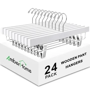 Amber Home 24 Pack White Wooden Pants Hangers with Clips, Wood Skirt Hangers Trouser Hangers for Jea...