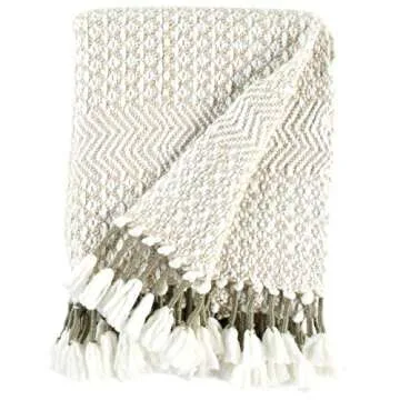 Amazon Brand – Rivet Modern Hand-Woven Stripe Fringe Throw Blanket, 50" x 60", Tan and Ivory with Taupe