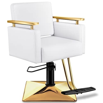 Luxury Baasha Salon Chair: Gold & White Hydraulic Styling Chair with Stainless Steel Armrests