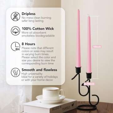 Pickood New Burning Formula Unscented Dripless 10-Inch Taper Candles Set of 12 - Pink, for Wedding, ...
