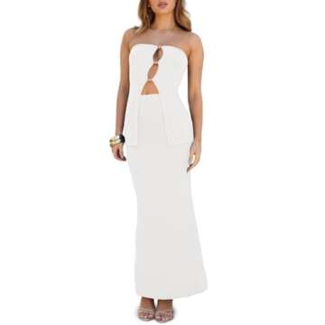 Wenrine Two Piece Sets for Women Summer Bodycon Sexy Outfit Cutout Tube Tops Knit Maxi Skirt Sets Clubwear Dresses White